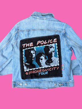 The Police Synchronicity Upcycled T-Shirt Denim Jacket Size L (fits smaller)
